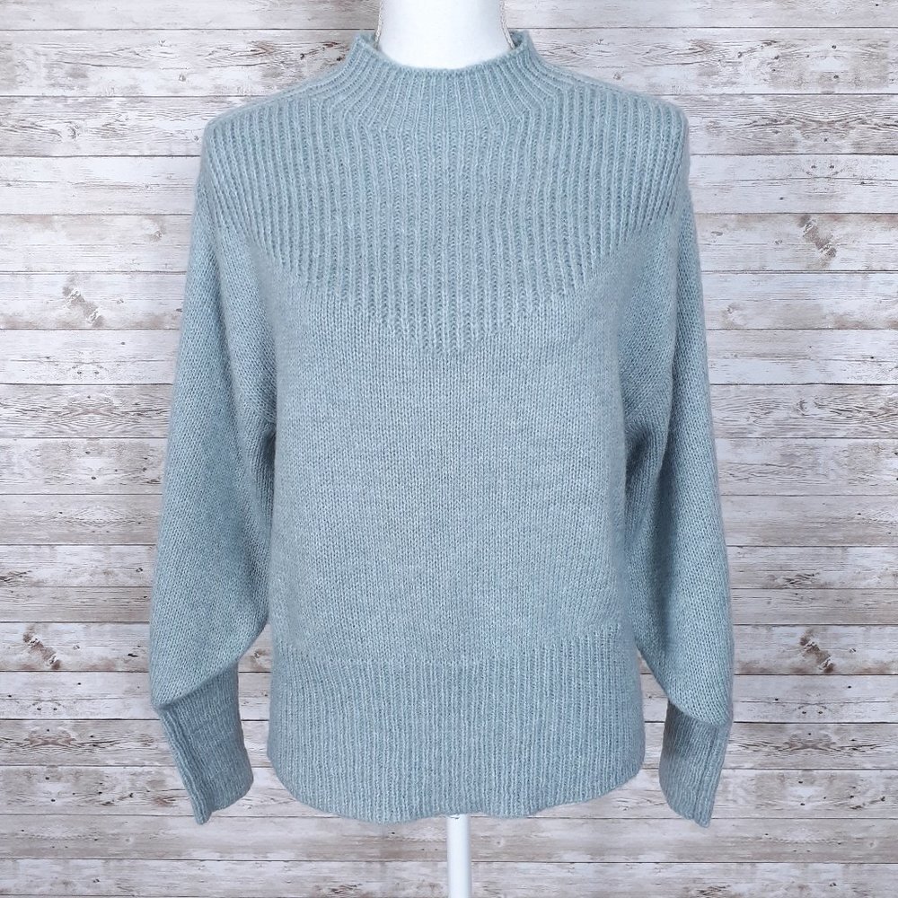 Zenana Mock Neck Sweater S NWOT Blue Gray Balloon Sleeve 303A